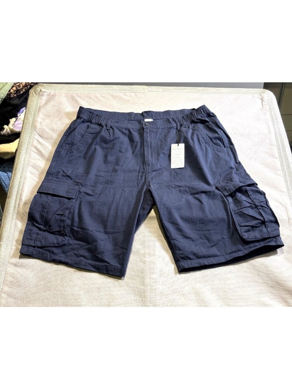 Mens Navy Blue Cotton Cargo Shorts With Elastic Waist Multiple Pockets Size 40